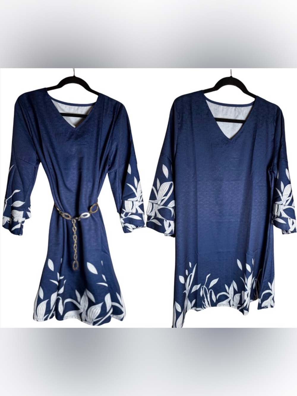 Navy V-Neck Floral Border Tunic Top